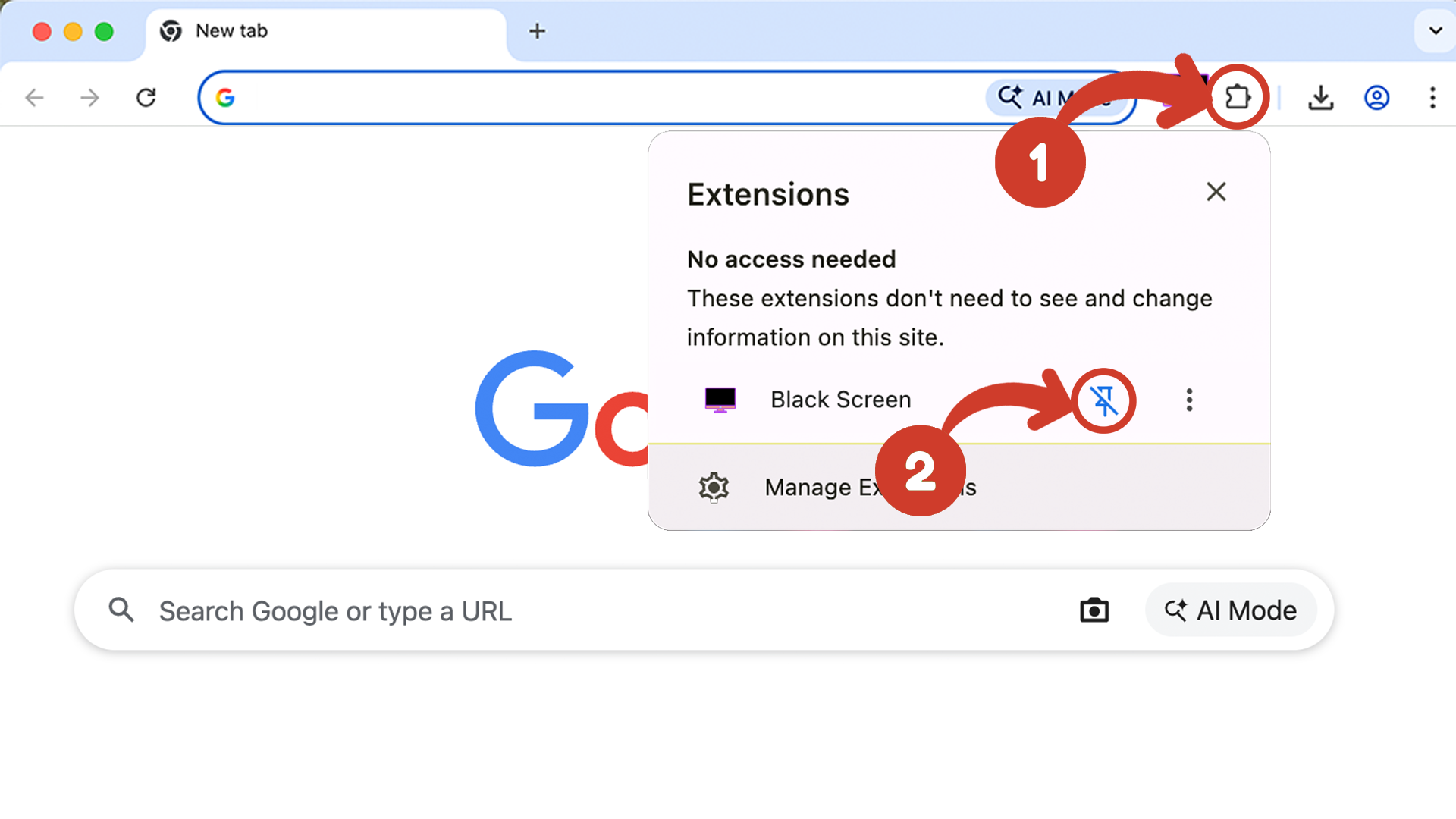 Chrome toolbar with the extensions puzzle icon and the pin option for Black Screen highlighted